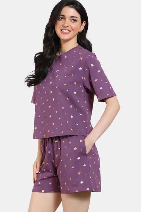 Zivame Starry Dreams Knit Cotton Shorts Set - Berry Conserve — image 3